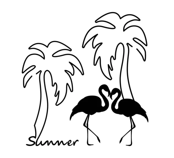 Summer Banner Flamingos Palm Trees Lettering Summer Isolated White Background — стоковый вектор