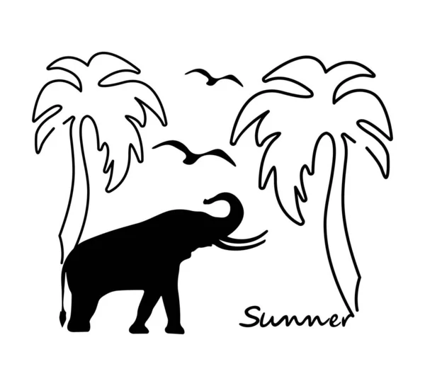 Summer Banner Elephant Birds Palm Trees Lettering Summer Isolated White — Vettoriale Stock
