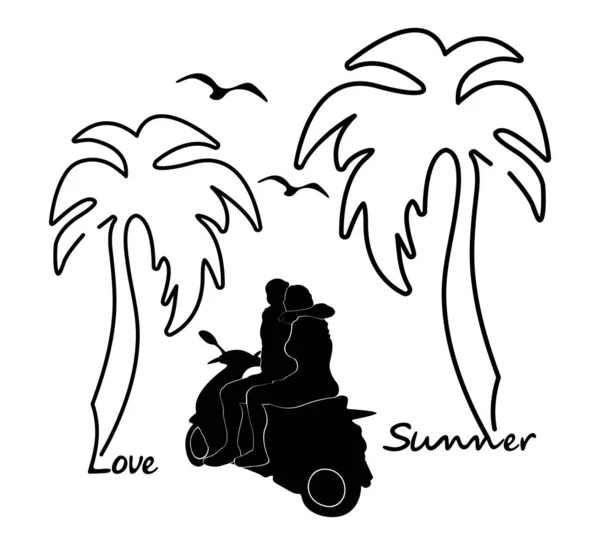 Summer Banner Couple Palm Trees Birds Inscription Love Summer Isolated — Image vectorielle