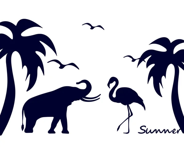 Vector Illustration Animals Elephant Flamingo Birds Palm Trees Lettering Summer — Vettoriale Stock