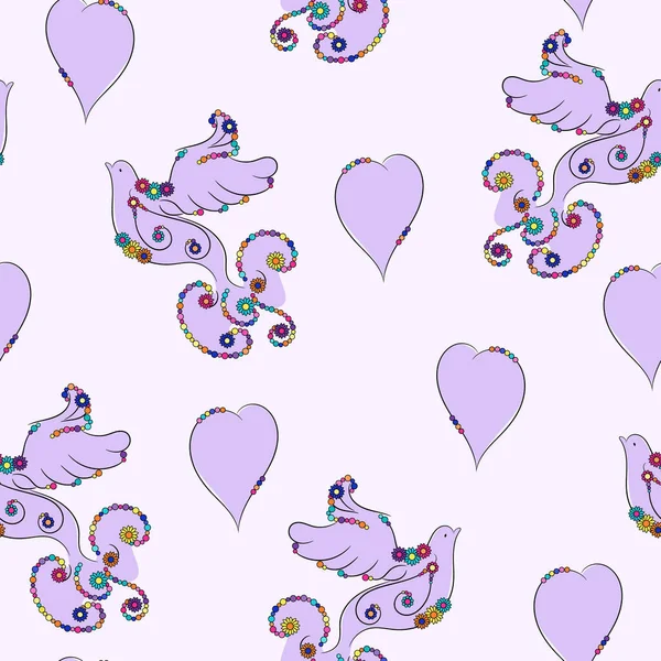 Seamless Pattern Doves Hearts Decorative Pattern Folk Style Textiles Printed — Image vectorielle