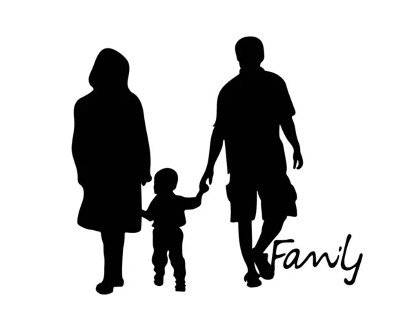 Silhouette Family Inscription Family Mother Father Child Holding Hands Isolated — 图库矢量图片