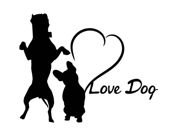 Silhouette Dogs Inscription Love Dog Heart American Staffordshire Terrier French — Stockový vektor