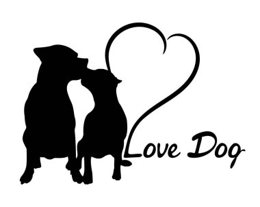 Köpeklerin silueti, yazıtlar Aşk Köpeği ve kalp. Amerikan Staffordshire Teriyeri ve Pitbull. Beyaz arkaplanda izole.
