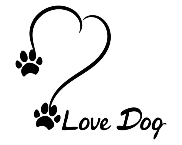 Silhouette Dog Paw Inscription Love Dog Heart Footprint Isolated White Grafiche Vettoriali