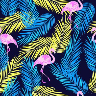 Egzotik, pürüzsüz flamingo ve palmiye yaprakları. İzler, tekstil, ambalaj tasarımı, giysi ve duvar kağıtları.