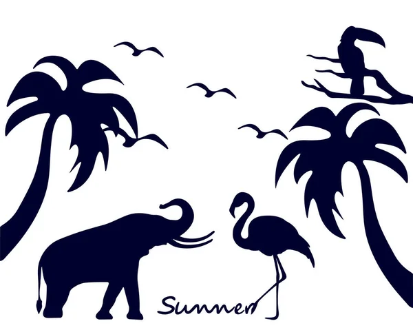 Vector Illustration Animal Silhouettes Elephant Flamingo Birds Toucan Palm Trees — Vettoriale Stock