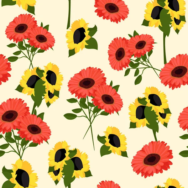 Floral Seamless Pattern Sunflowers Gerberas Flower Template Packaging Design Textiles — 스톡 벡터