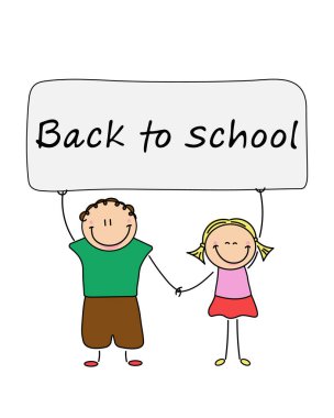 Children are holding a banner with the inscription Back to School. Childish characters, girl and boy isolated on white background.