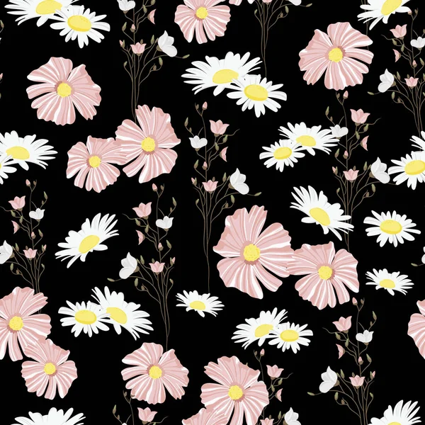 Floral Seamless Pattern Delicate Pattern Decorative Twigs Daisy Flowers Prints —  Vetores de Stock