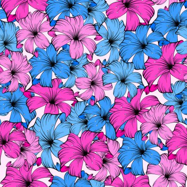 Floral colorful seamless pattern. Lilies pink and blue. Prints, packaging template, textiles, bedding and wallpaper.