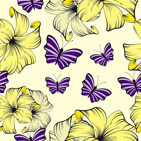 Floral Colorful Seamless Pattern Yellow Purple Lily Flower Butterfly Prints — Vector de stock