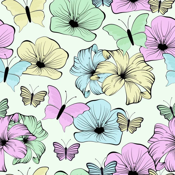Floral Πολύχρωμο Μοτίβο Χωρίς Ραφή Λίλη Και Λινάρι Πεταλούδα Εκτυπώσεις — Διανυσματικό Αρχείο