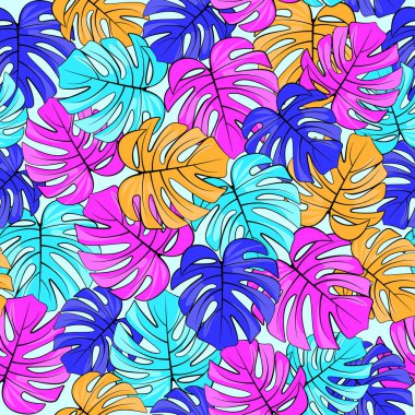 Colorful monstera seamless pattern. Tropical plant with black outline. Prints, packaging template, textiles, bedding and wallpaper.
