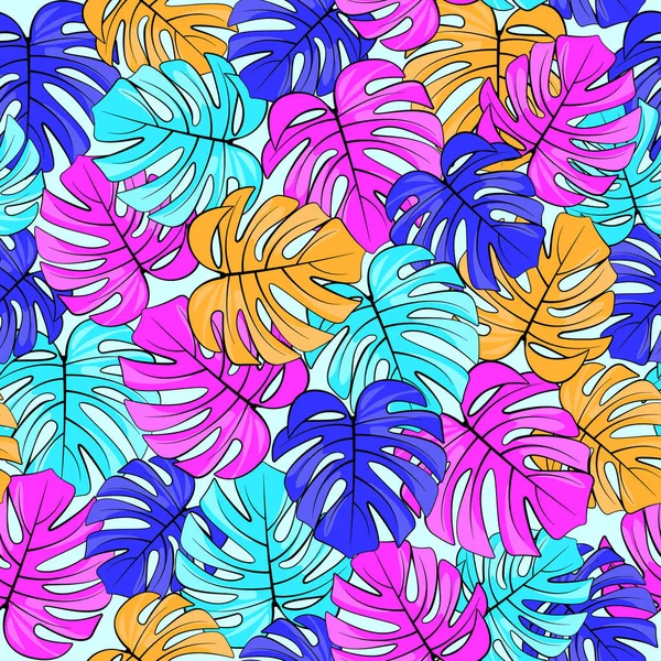 Colorful Monstera Seamless Pattern Tropical Plant Black Outline Prints Packaging — Vector de stock