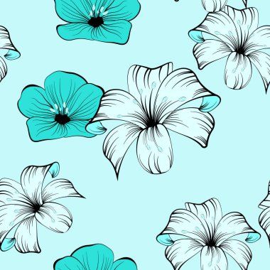 Floral colorful seamless pattern. Turquoise lilies and flax flowers with glitter. Prints, packaging template, textiles, bedding and wallpaper.