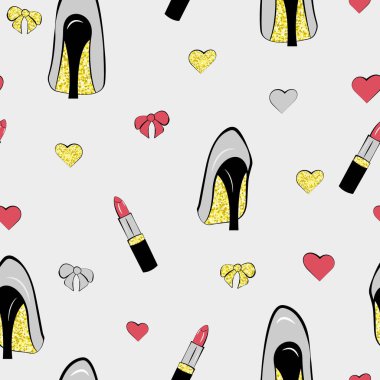 Fashion seamless pattern. Girl pattern fashion accessories, high heel shoes, lipstick, bow and heart. Gold glitters. Shop, shopping, prints, packaging, textiles and wallpapers.