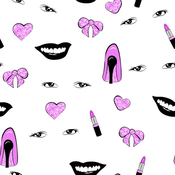 Girly Seamless Pattern Fashion Heels Lipstick Eyes Lips Hearts Bows — Archivo Imágenes Vectoriales