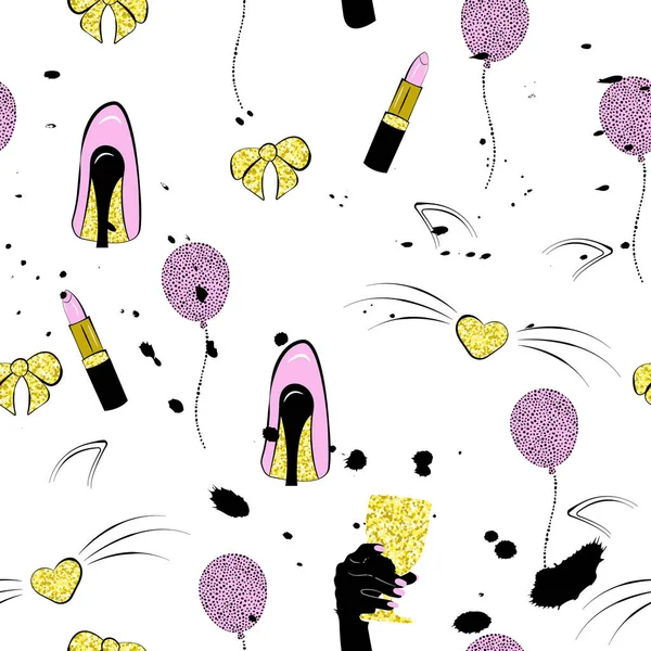 Girls Party Seamless Pattern Fashion Heels Lipstick Cat Muzzle Inflatable — Stock vektor