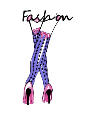Fashion concept vector illustration. Female legs in heels and suspenders. Fashion banner. Painted with a brush. Isolated on white background.