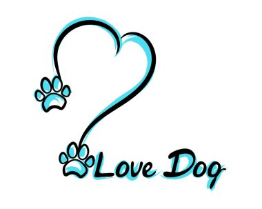 Vector illustration of heart and inscription Love Dog. Dog paws. Turquoise shadow. Isolated on white background.