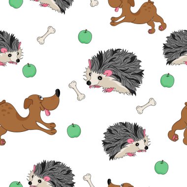 Dog and hedgehog seamless pattern. Graphic design for children. Fairy tale cartoon dog and hedgehog. Caricature. Bone, treat, and apple. Print, packaging template, textile, bed linen and wallpaper.