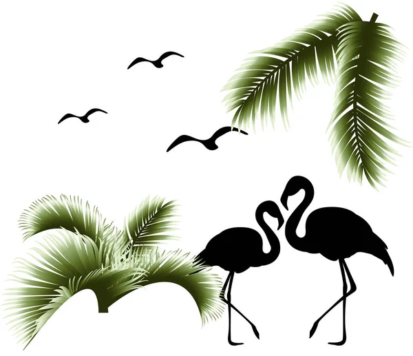 Vector Illustration Silhouettes Flamingo Birds Palm Leaves Tropical Image Isolated — Stockvektor