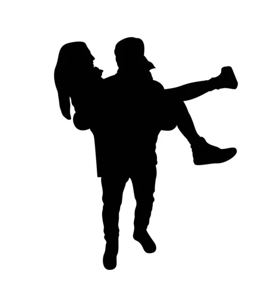 カップルのシルエット 男の子は女の子を腕に抱えている 幸せなカップル 白地に隔離された — ストックベクタ