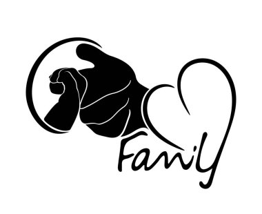Logo Ailesi. Siluet baba ve çocuk el ele tutuşuyor. Yazıt, aile ve kalp. Beyaz arkaplanda izole.