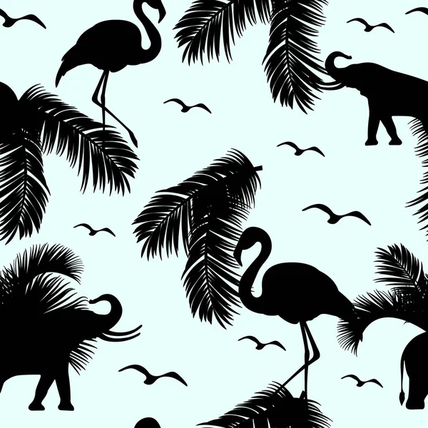 Patrón Tropical Sin Costuras Con Flamenco Elefante Aves Hojas Palma — Archivo Imágenes Vectoriales