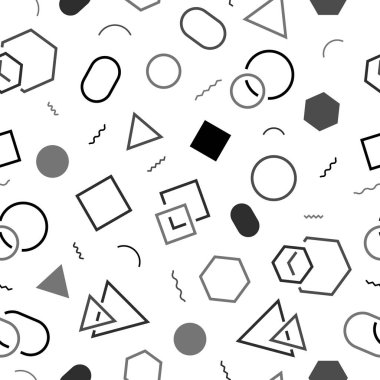 Geometrik şekilli kusursuz desen. Üçgenler, kareler, altıgenler, daireler ve dalgalar. İzler, ambalaj şablonu, tekstil, yatak örtüsü ve duvar kağıdı için siyah beyaz desen.
