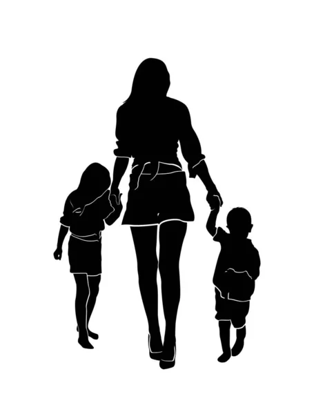 家庭概况 母亲牵着孩子们的手 儿子和母亲在散步 因白人背景而被隔离 — 图库矢量图片
