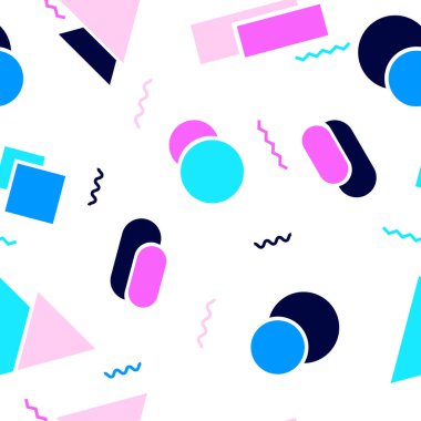 Geometrik şekilli kusursuz desen. Üçgenler, kareler, dikdörtgenler, daireler ve dalgalar. İzler, ambalaj şablonu, tekstil, yatak örtüsü ve duvar kağıdı için renk deseni.