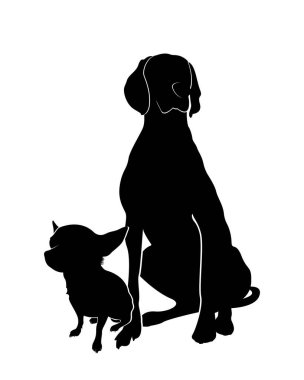 Weimaraner ve Chihuahua silueti. Oturan köpekler beyaz arka planda izole edilmiş. Hayvanların vektör illüstrasyonu.