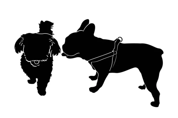 Hundsilhuetter Fransk Bulldogg Med Remmar Och Maltesiska Isolerad Vit Bakgrund — Stock vektor