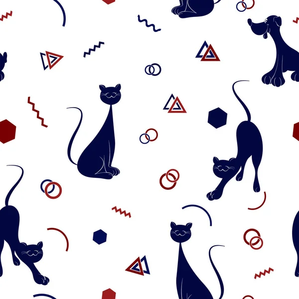 Animals Seamless Pattern Cartoon Caricature Cat Dog Geometric Shapes Prints — Stock Vector