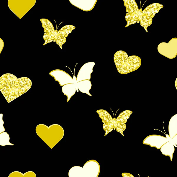 Πεταλούδα Και Καρδιά Χωρίς Ραφή Μοτίβο Χρυσό Χρώμα Και Γκλίτερ — Διανυσματικό Αρχείο
