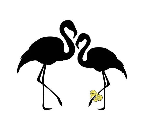 Черный Силуэт Фламинго Золотым Блестящим Бантом Печать Животных — стоковый вектор