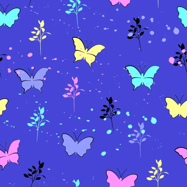 Natürliches Nahtloses Muster Mit Schmetterlingen Und Zweigen Pinselsprühen Drucke Verpackungsdesign — Stockvektor