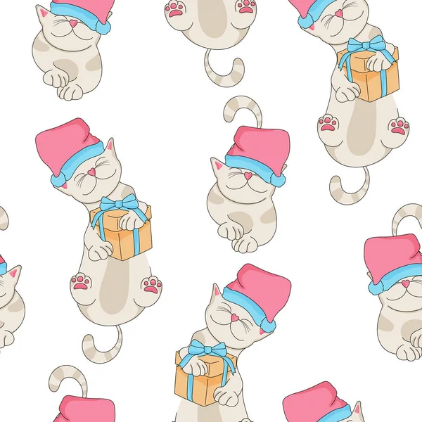 Christmas seamless pattern with animal. Cat with gift and capping Santa Claus. Prints, packaging template, wrapping paper, textiles, bedding and wallpapers.