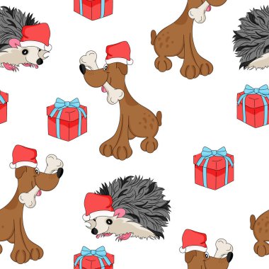 Hayvanlar arasında kusursuz bir Noel deseni. Kirpi, köpek, hediye ve Noel Baba şapkası. İzler, ambalaj şablonu, ambalaj kağıdı, tekstil, yatak örtüsü ve duvar kağıdı.
