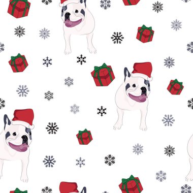 Hayvanlar arasında kusursuz bir Noel deseni. Noel Baba şapkalı köpek. Hediyeler ve kar taneleri. Paketleme şablonu, grafik tasarımı, ambalaj kağıdı, tekstil, yatak örtüsü ve duvar kağıdı.