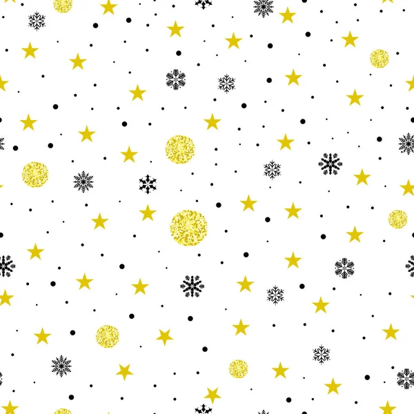 Christmas Seamless Pattern Gold Glitter Decorations Stars Polka Dots Packaging — Stock Vector