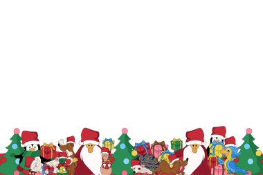 Noel kartları. Hayvanlar, Noel Baba ve Noel ağacı. Penguen, kirpi, köpek, kedi ve hediye kutusu olan papağan. Parça ve çan çalıyordu. Beyaz arka planda izole edilmiş. Yatay.