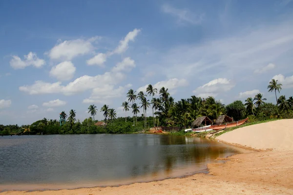 Paisaje Con Laguna Palmeras Barcos Cielo Nubes —  Fotos de Stock