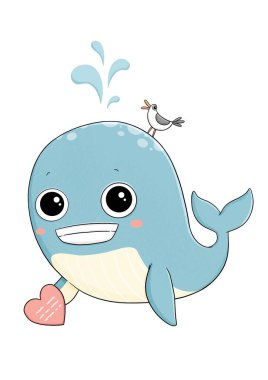 Pembe kalbi ve martısı olan şirin küçük bir balina. Bu illüstrasyon kartpostallar, davetiyeler ve çıkartmalar için mükemmeldir.