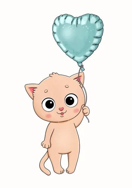Roztomilé Koťátko Velkým Modrým Balónem Tato Ilustrace Ideální Pro Pohlednice — Stock fotografie