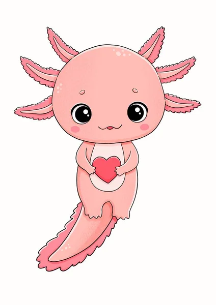 Leuke Kleine Roze Axolotl Met Rood Hart Deze Illustratie Perfect — Stockfoto