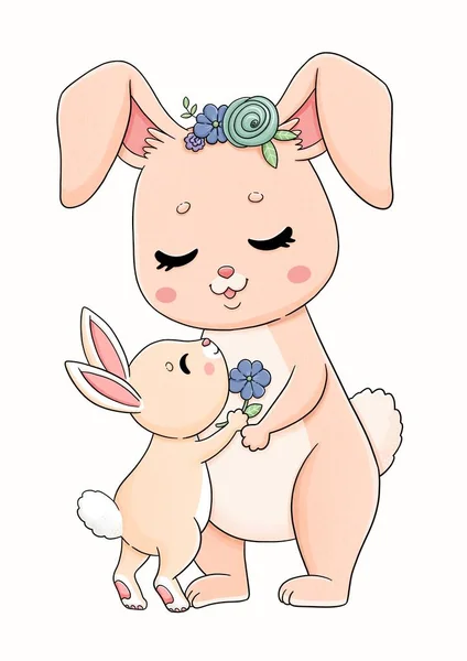 Family of cute rabbits - mother and son. This illustration is perfect for postcards, invitation cards and stickers