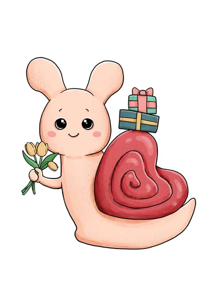 可爱的小蜗牛与花和礼品盒 此图适用于明信片 邀请卡和贴纸 — 图库照片
